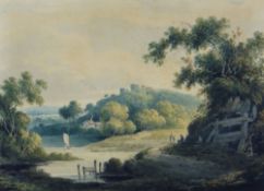 ATTRIBUTED TO JOHN MARTEN SNR watercolour - Herefordshire landscape with figures, sailboat, entitled