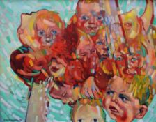 JOHN CHERRINGTON oil on canvas - psychedelic multiple heads, signed and dated 1982, 69 x 90cms