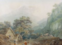 ATTRIBUTED TO NICHOLAS POCOCK (1740 -1821) watercolour - figures in Welsh costume with small