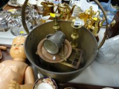 Brass preserve pan, brass candlesticks & trivet etc