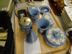 Tray of Wedgwood mainly blue & white Jasperware