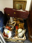 Crate of various items including boxed ostrich feather fan, plaster deco figure, tin truck etc