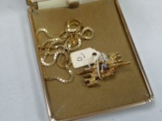 A ladies 18ct gold box chain necklace together with an 18ct gold bark effect & solitaire diamond pin