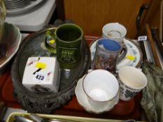Small collection of Royal Commemorative ware, money box, mugs, two Italian framed oval silk panels