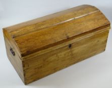 A DOME TOPPED PINE TRUNK with metal handles and escutcheon, 90cms wide (BBC Bargain Hunt)