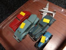 Two vintage Diecast cars, painted wooden cars & a metal airplane