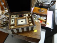 An ivory & patterned ebonized decorated sunburst effect sewing box (distressed) together with two