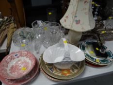 Two Crown Ducal chargers, Enoch Wedgwood plates, wall plates & desk pen, table lamp etc E/T