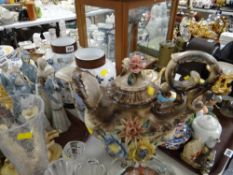 A pair of decorated milk glass vases together with a large Capodimonte floral teapot