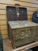 A sloped brass coal box & fleur-de-lys fireguard