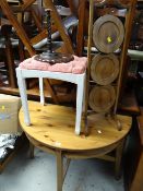 A three-tier circular cake stand, a half moon pine table etc