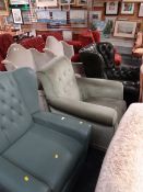 A green leather wing & button backed armchair together with a white painted frame small armchair