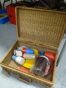 A vintage wicker picnic hamper & contents