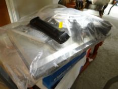 Crate of various household electricals including Panasonic DVD player, clamp on magnifying light,