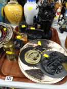 A tray of various coal mining related memorabilia, miniature miner's lamp, figures of miners etc