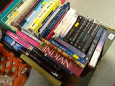 Crate of various hardback & paperback books including fiction, Miller's Antique Guides, cookery etc