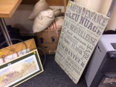 Collection of canvas cushions, decorative wall signs etc