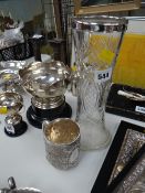 A hallmarked silver embossed tankard together with a hallmarked silver rimmed glass vase