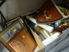 Crate of various miscellaneous items including blue delft-style tray, mini rugby ball, lustre jug,