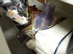 Two crates of mainly household & kitchen items including a Kenwood Chef food mixer, Tefal food
