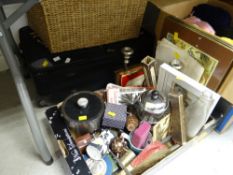 A crate of various household items including ice bucket, cafetiere, brass ornaments, wicker basket &