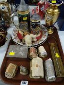 Parcel of Liliput Lane model cottages, two continental ceramic steins, blue & gilt glass vase