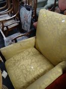 A vintage upholstered armchair together with a vintage wooden framed cushion backed & seated salon