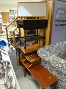 A linen fold tea trolley, a 1970s tile topped trolley, a modern mirror etc