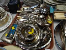 A tray of loose flatware, EPNS coaster, condiments etc