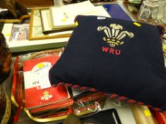 A parcel of various Welsh Rugby Union memorabilia including embroidered cushion, paperweight