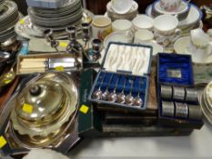 A parcel of cased EPNS, small EPNS candelabra, EPNS trays etc