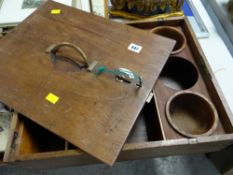 An unusual brass handled locking small wooden cabinet with internal shelving & mixing bowl, embossed