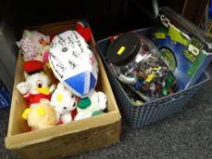 Collection of soft toys, signed rugby ball, children's toy clock & games