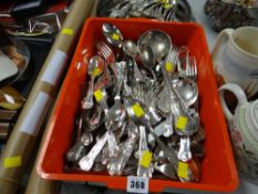 A box of loose King's pattern plated flatware