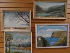Framed oil on board - view across a bay with sailboats, together with two other oils on board