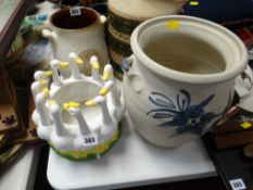 A large studio pottery twin-handled jar decorated with blue flowers together with a duck head