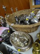 A basket of various EPNS items including vases, bowls, condiments, loose & boxed flatware etc