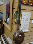 A copper bed warming pan together with a brass chestnut roaster