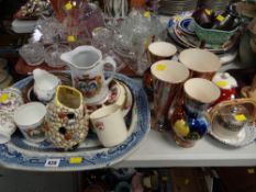 Large blue & white willow pattern platter, Sylvac pebble vase, Royal Commemorative mugs, Old Court