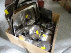 A box of various stainless steel kitchen & teaware