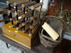 An antique oak cutlery box with brass inlaid monogram together with a small wine rack, sundry