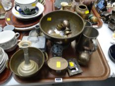 Tray of various metalware including brass bowl, tankards etc