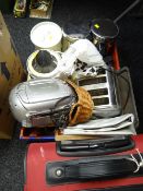 A crate of household items including a Magimix, electric toaster, pedal bins etc E/T