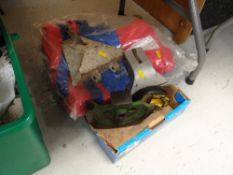 Two small modern ship's anchors, life jacket, pullies & an IKEA child's sunscreen bucket chair