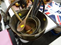 A brass preserve pan, copper frying pan, brass pans etc