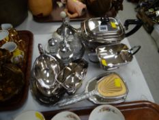 Art Deco-style three-piece EPNS teaset, sauce boat, dressing table items etc