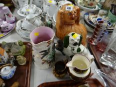 Two Staffordshire dogs, Majolica-style jug, two lustre jugs