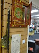 An Indian decorated two-door wall mirror together with a believed alabaster plaque of a Grecian