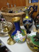A Doulton Lambeth urn-style vase (A/F), cloisonne-style vase & pair of brass candlesticks