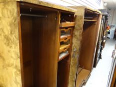 A good three-piece vintage walnut bedroom suite with Art Deco-style handles